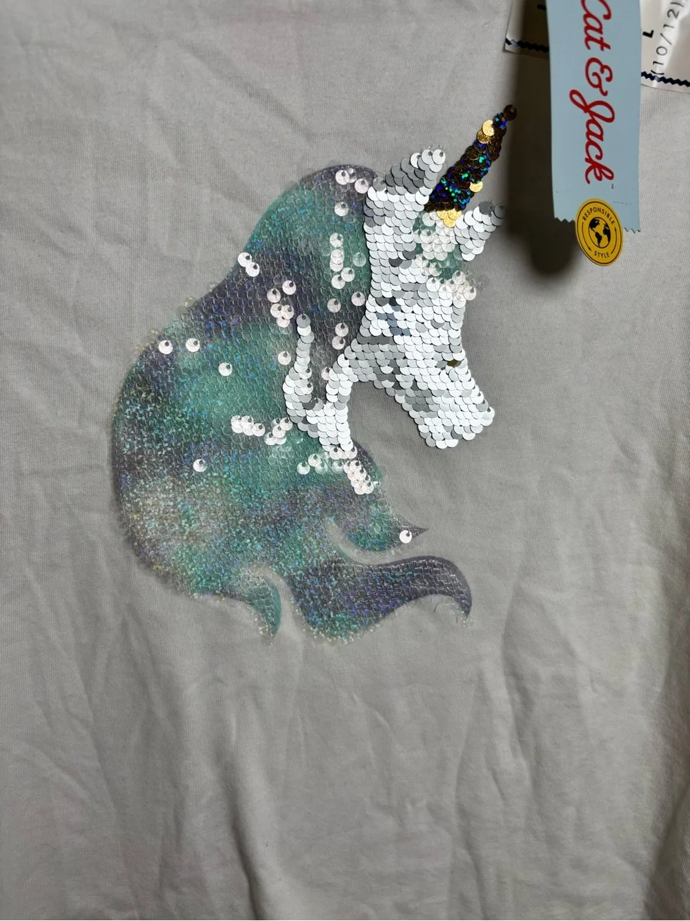 Cat & Jack White Long-Sleeve Tee with Sequin Mint & Silver Unicorn